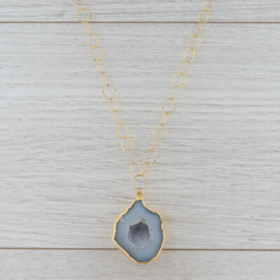 New Nina Wynn Gray Geode Statement Pendant Necklace Sterling Gold Vermeil