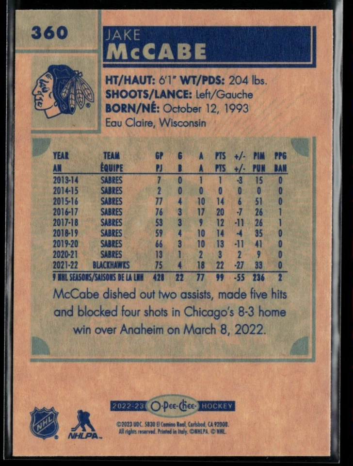 2022-23 O-Pee-Chee Retro Jake McCabe #360 - Image 2 of 2