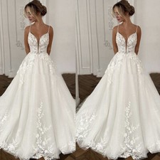 Fantasy Wedding Dress A-Line Lace Applique Spaghetti White Beach Bridal Gowns