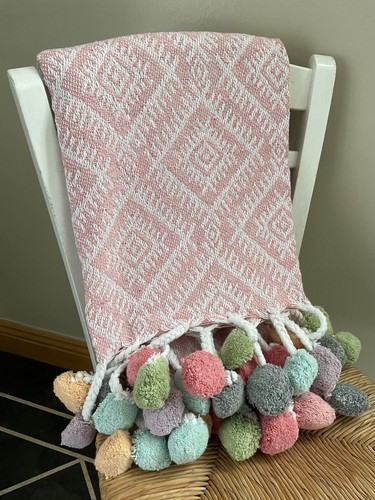 Pink Geometric Throw Recycled Cotton Throws Multi Colour Pom Pom 125 cm x 150 cm - Picture 2 of 5