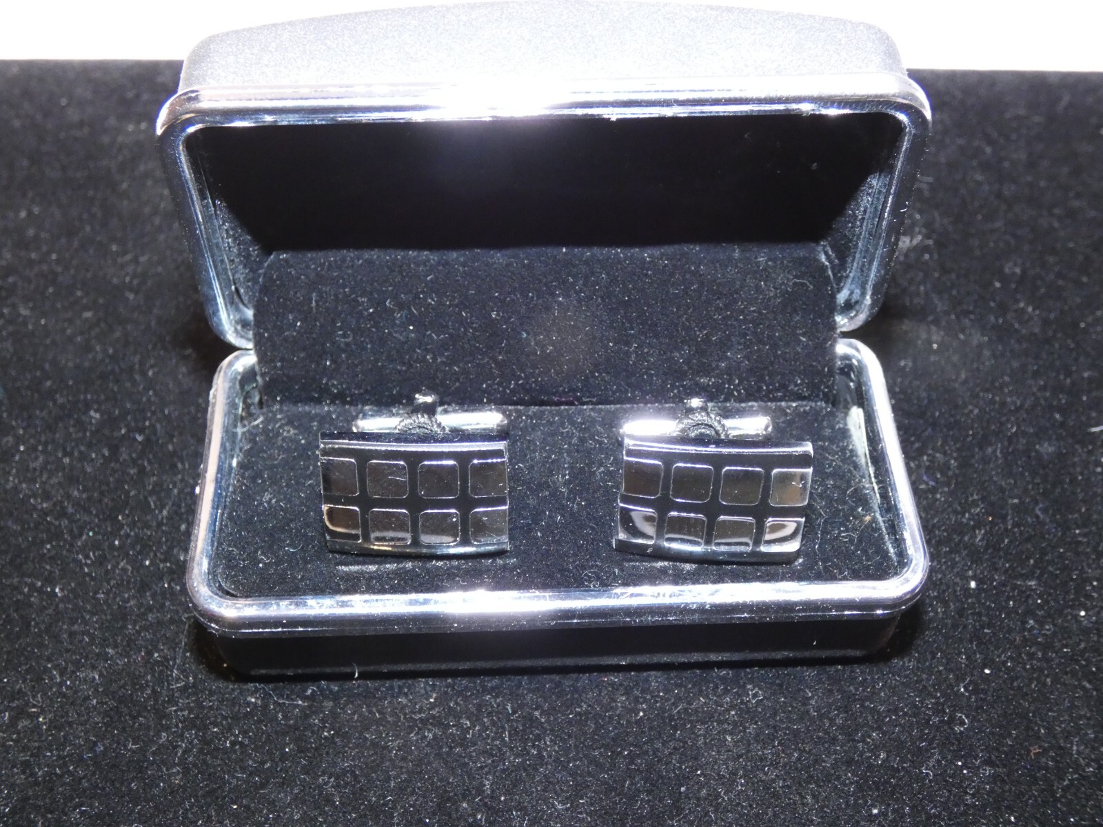 Silver Tone and Black Rectangular Cuff Links, Ori… - image 1