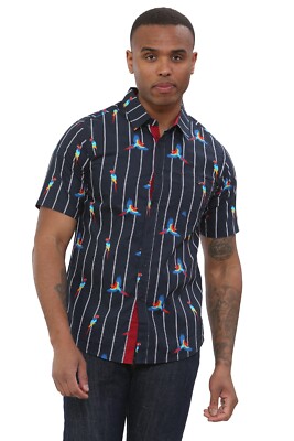 Men's Cotton Vertical Stripe Sparrow Print Regular-fit Short Sleeve Collar Shirt