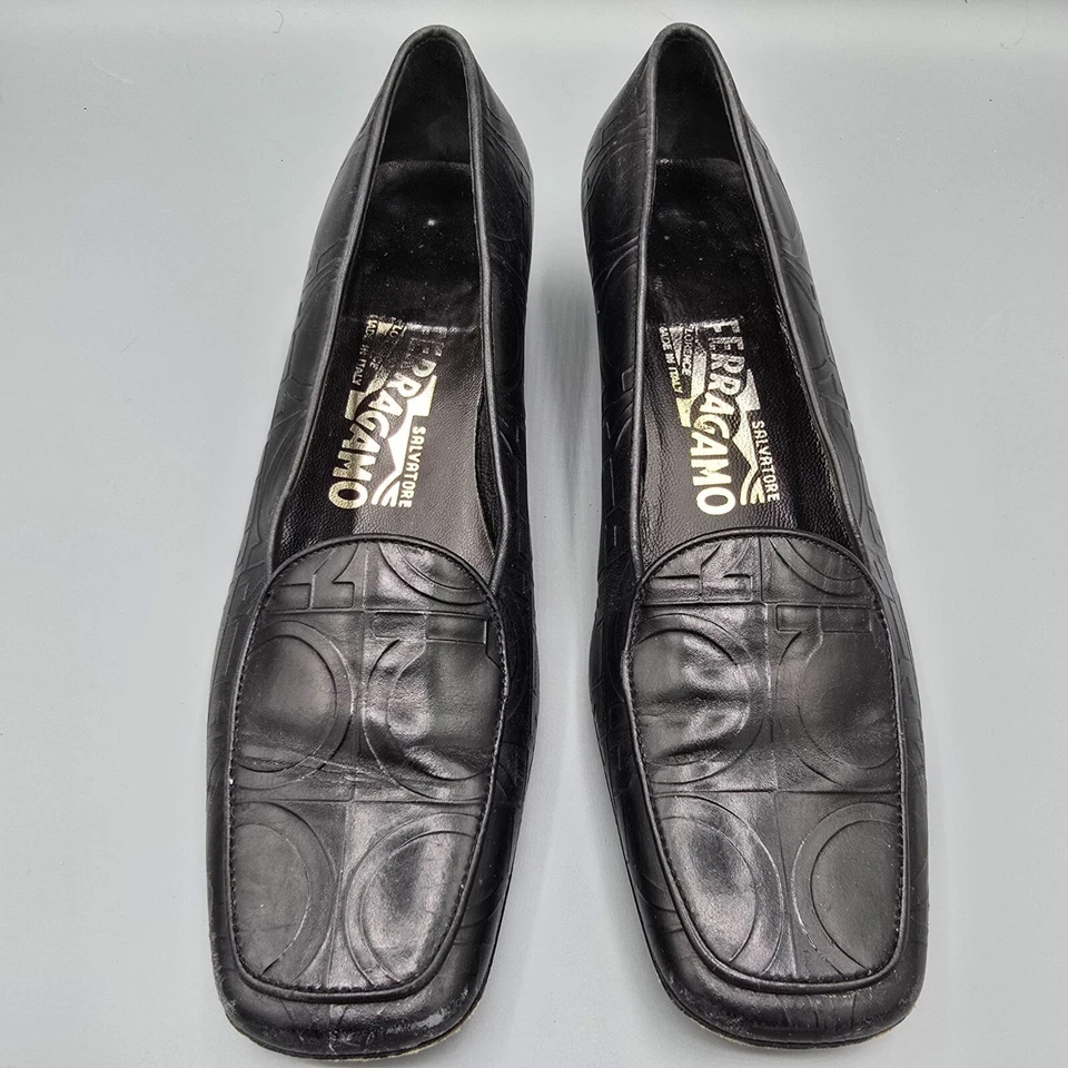 Винтажные черные кожаные мокасины Salvatore Ferragamo с тиснением узор ганчини (6B) - Изображение 3 из 4