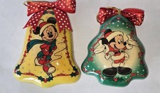 Set Of 2 Vintage Disney Mickey Mouse Wooden Ornaments Tree  Bell Shaped