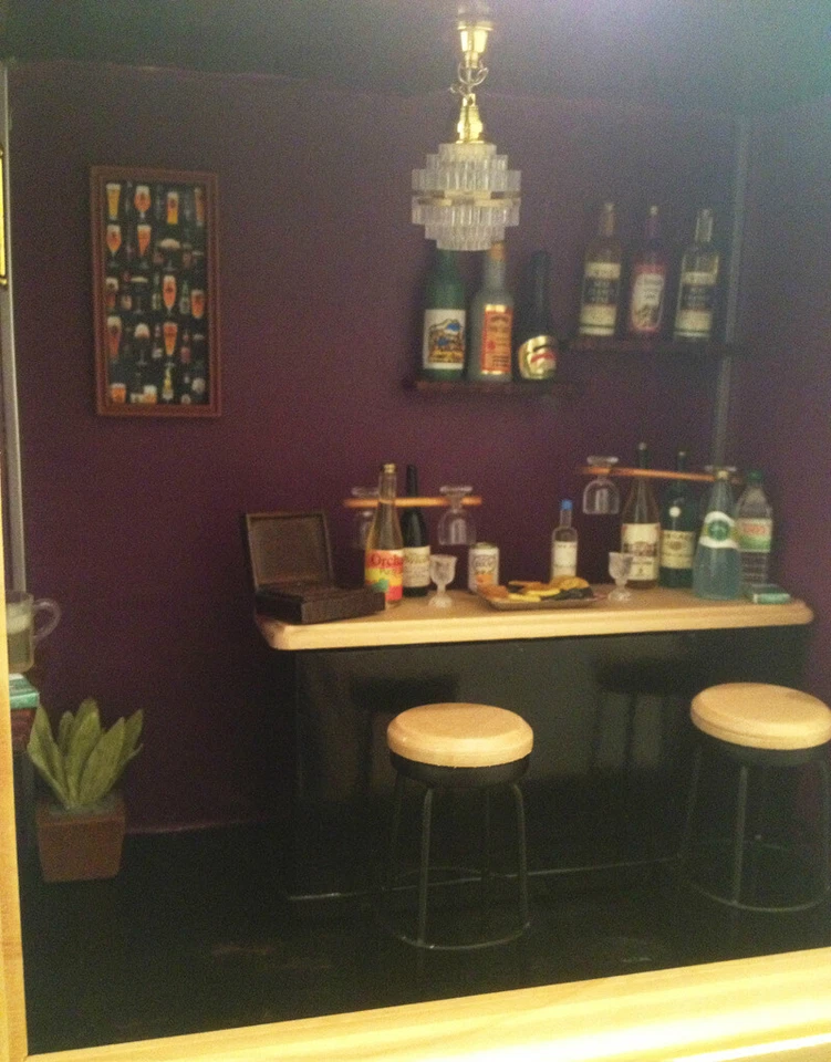 Dollhouse Taproom Bar Counter with 2 Stools 1:12 Miniature Furniture Decor - Image 4 of 4