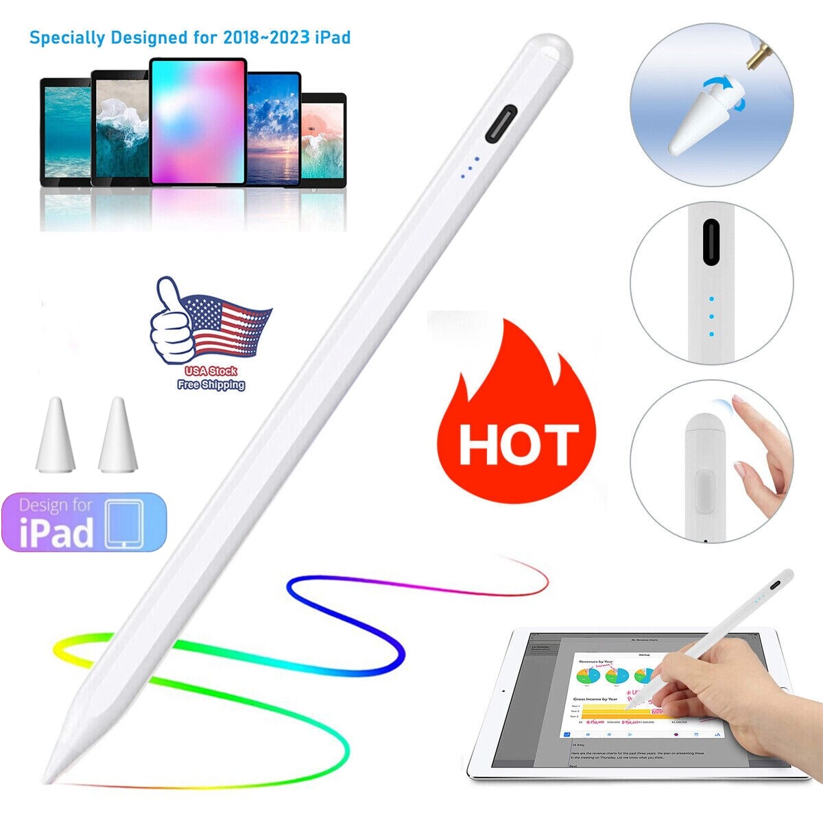 For Apple Stylus Pencil iPad 10/9/8/7/6th Gen Air 5/4/3 iPad Pro 2018-2023  Pen