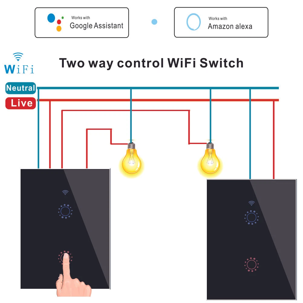 2PCS 2 Way Smart Life APP WiFi Light Switch US Plug Touch Panel for Alexa Google