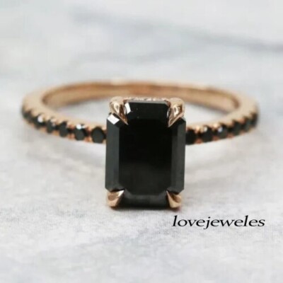 Lab-Created Radiant Cut Black Diamond Hidden Halo Ring 14K Yellow  Gold FN