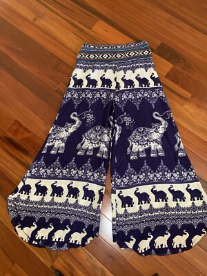 Kathmandu Imports Women s  Elephant Print Royal Blue Wide Leg Hippy Pants Small