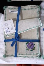 Italian Napkin Embroidered PURPLE FLOWER SET 8 Original Label -MINT