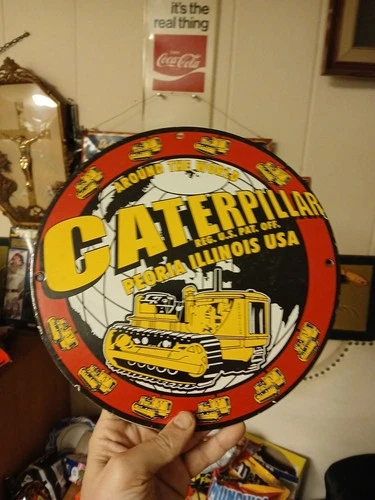 VINTAGE ORIGINAL CATERPILLAR SALES SERVICE 10” PORCELAIN SIGN GAS CAR TRUCK OIL