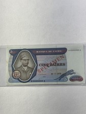 1979 Zaire 5 Zaires Banknote P# 22s Specimen