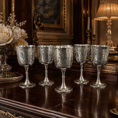 6er Set Renaissance Stil Französische Silber Weinkelche EPNS Punze