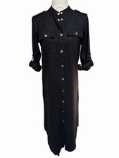 MICHAEL Michael Kors XS Black Linen Blend Utility Maxi Shirt Dress Gold Buttons