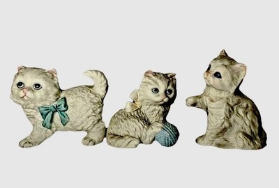 White Persian Playful Cats Set of 3 Vintage 1980 s By Homeco