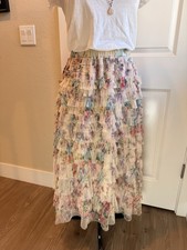 Ruffled Floral Tulle Tutu Long Skirt Cream Fairy Ballerina Whimsical Romantic M