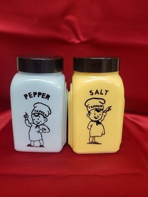 Vintage McKee Tappan Yellow And Blue Milk Glass Salt & Pepper Shakers Set