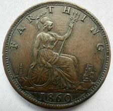 1860 Victoria Farthing Bronze Coin Fine+ Early Bun Head