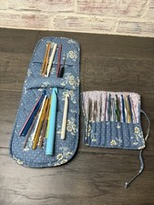 Lot Of Crochet Hooks With Vintage Blue Quilted Storage Bag Storage Crafting