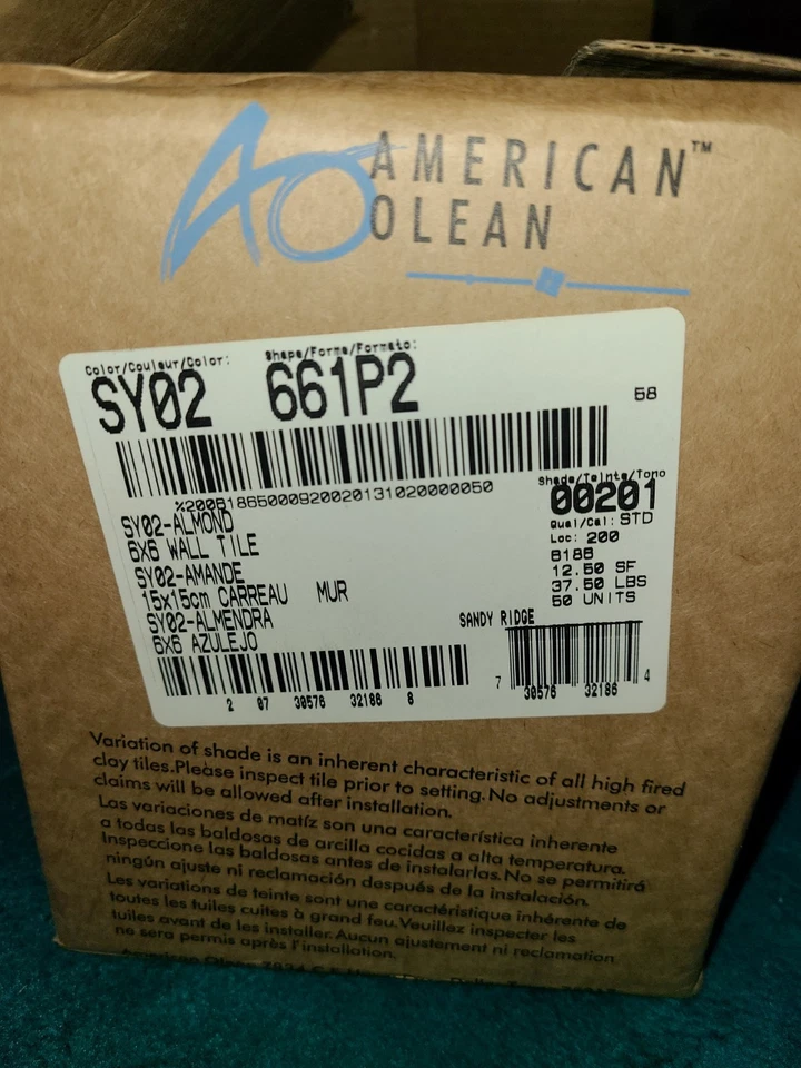 25×American Olean Glazed Floor/Wall Tile - Sandy Ridge SY02 Almond 6x6" *NIB* - Image 3 of 4