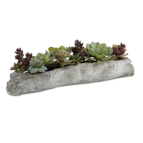 UTTERMOST 60174 CHARITA LUSH SUCCULENTS DRIFTWOOD LOG CONCRETE CONTAINER - Picture 1 of 5