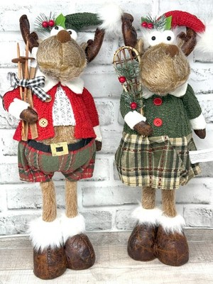 Set of 2 19'' Boy and Girl Plush Free Standing Moose Figurine Holiday Christmas