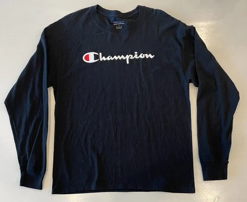 Champion Long Sleeve T Shirt Mens Large Black Script Logo Graphic Athletic Tee