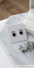 ​Silver Tone Black Heart Bow Drop Earrings Diamante Rhinestone Dangle Coquette