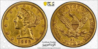 KEY AU/UNC PCGS 1892 CC Liberty Head $5 Gold Piece. Looks AU55 /58. Trends $3800