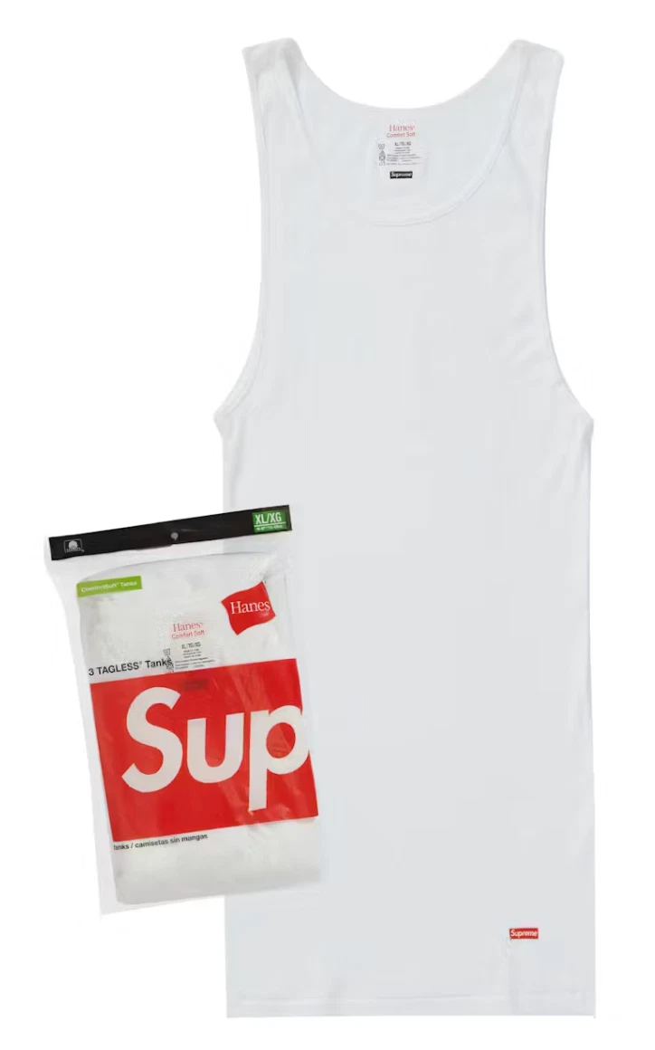 PACK DE 3 DÉBARDEURS SANS ÉTIQUETTE SUPREME HANES BLANC ROUGE LOGO BOÎTE TAILLE XL