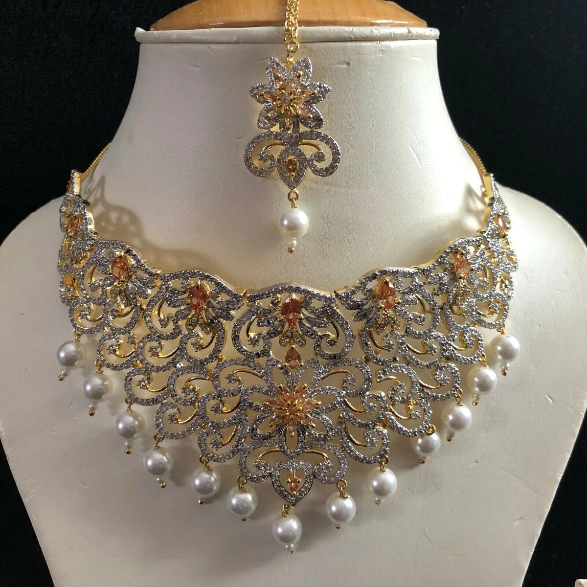 PEACH GOLD COSTUME JEWELLERY NECKLACE EARRING AMERICAN DIAMOND