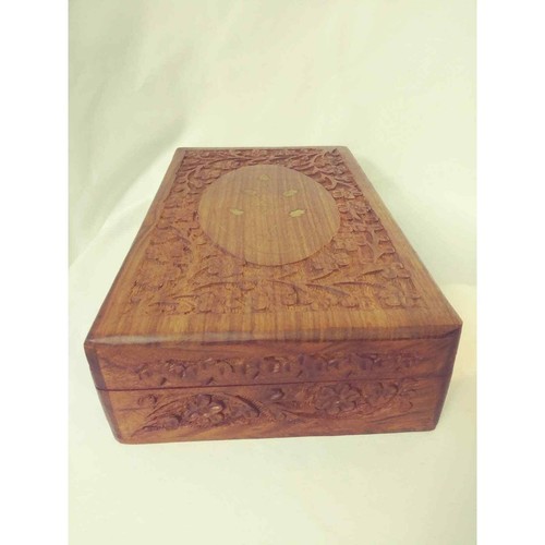 Vintage Floral Carved Wooden Trinket Box Flowers & Gold Leaves Accents Hinged