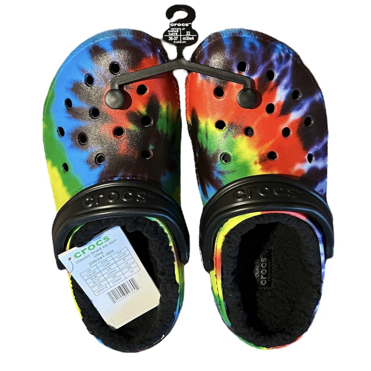 CROCS Women s Mens Lined Rainbow Tie Dye Purple Red Clog Fuzzy