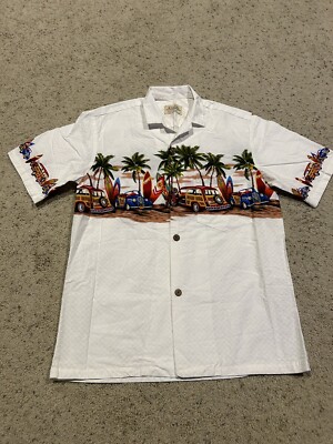 Vintage Royal Hawaiian Creations Mens S/M SHIRT Car Surfboard Palm Button Up Z24