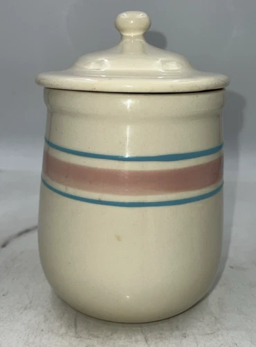 VTG McCoy Pottery Cannister w/ Lid Large Cookie Jar USA Blue and Pink Band 8"