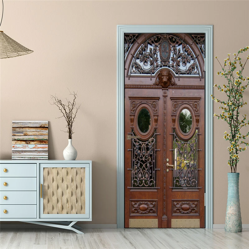 Papel pintado adhesivo para puerta de hierro autoadhesivo 3D vintage para puerta de dormitorio Foto 4 de 4