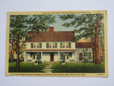 Down Put s Hill General Putman Cottage in Greenwich CONNECTICUT Linen Postcard