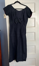 VINTAGE BEST  CO YOUNG COSMOPOLITANS NAVY BLUE DUPIONI SILK BOW DRESS 1950S