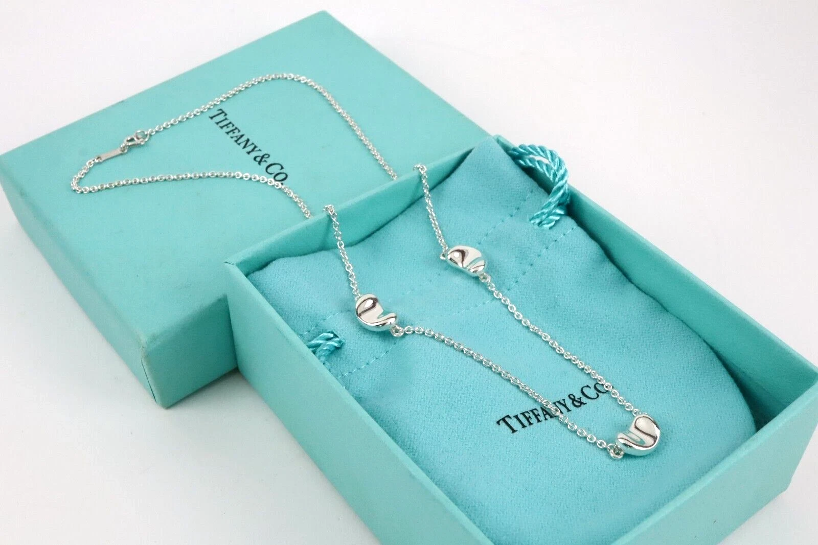Tiffany & Co. Elsa Peretti 3 Small Bean Station Necklace 16.3" Silver 925 w/Box