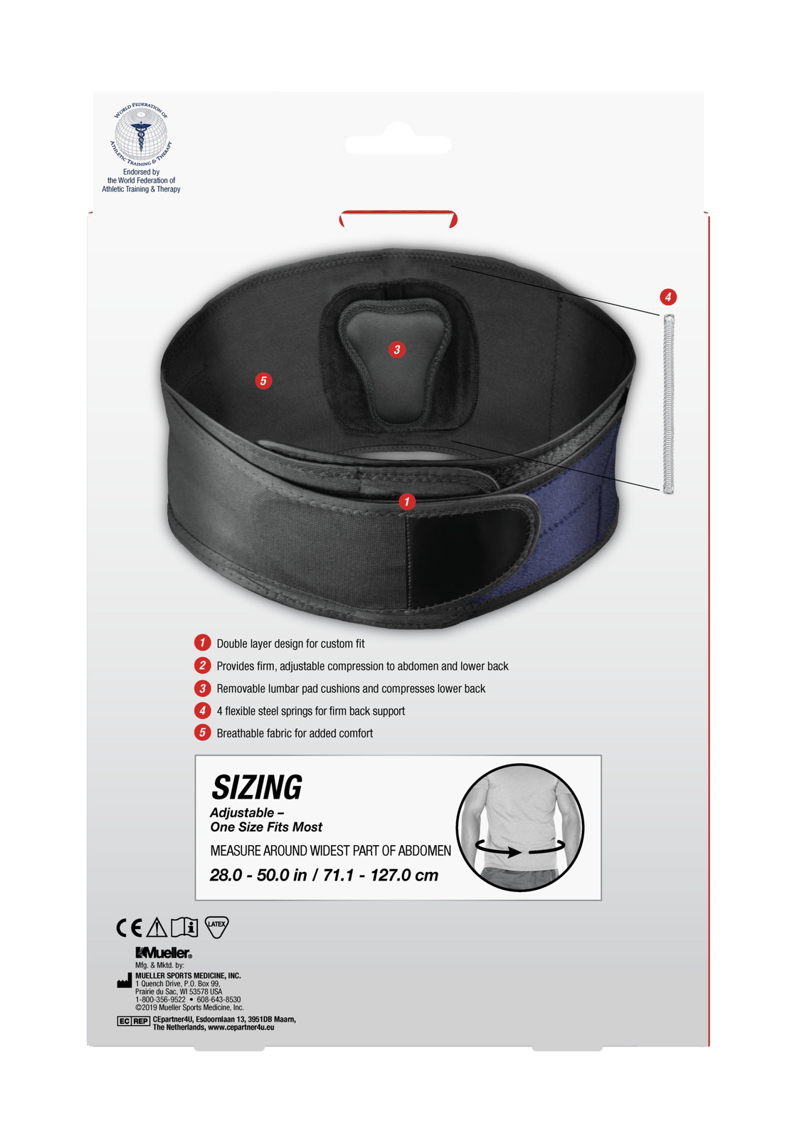 MUELLER  Adjustable Lumbar Back Brace Removable Pad, Pain Relief Support  Black