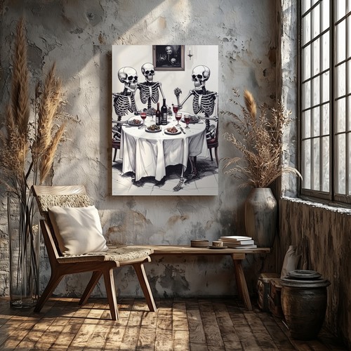 Minimalist Skeleton Dinner Canvas Ink Sketch Halloween Wall Art - Picture 5 of 7