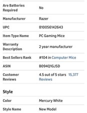 Razer Deathadder Essential Mercury White Wired USB Gaming Mouse 6400 DPI 9