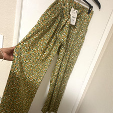 69.90 Zara Women Floral Satin Wide-Leg Pants Cream Yellow Green S