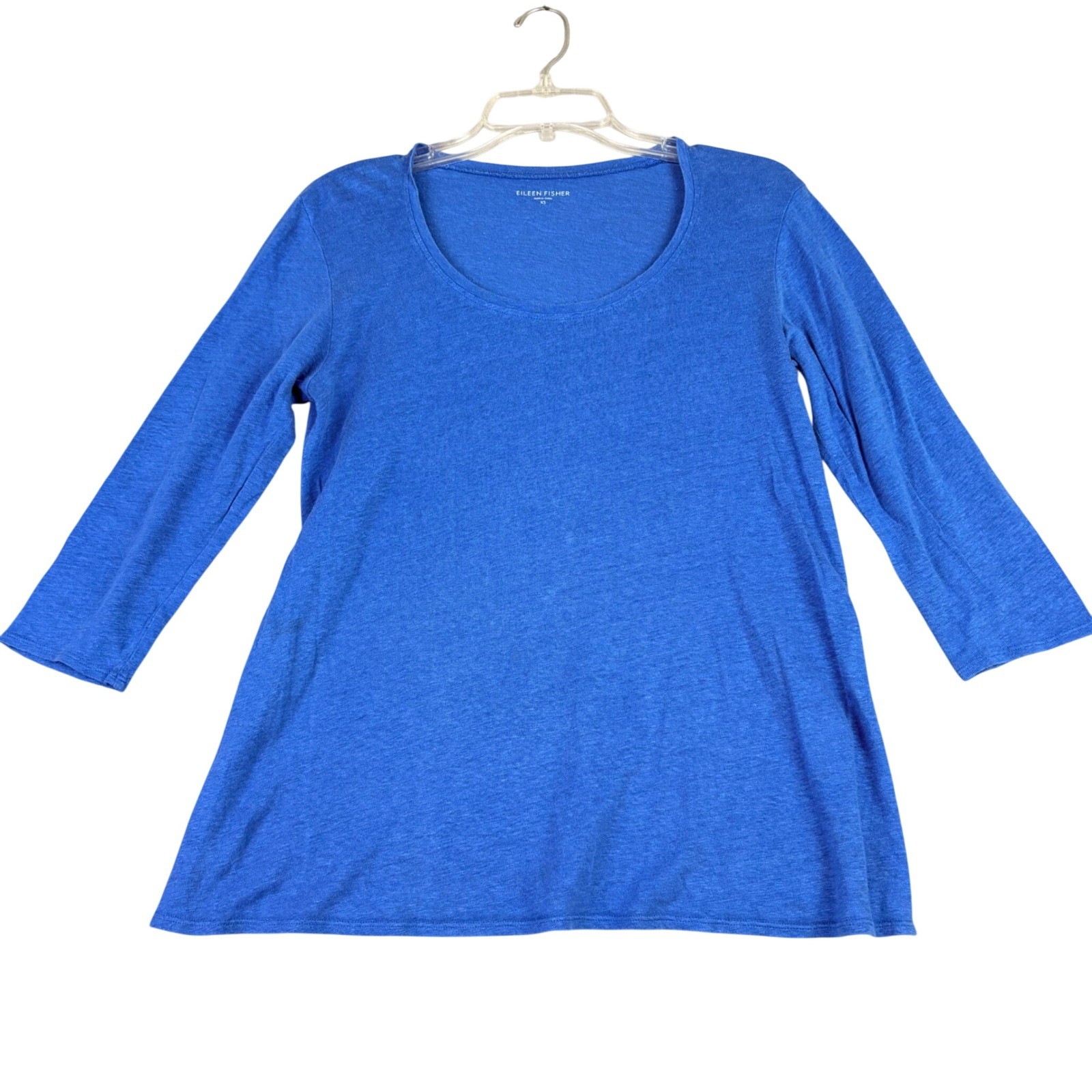 Eileen Fisher XS Blue Linen 3/4 Sleeve Scoop Neck Tunic Top Lagenlook Minimalist