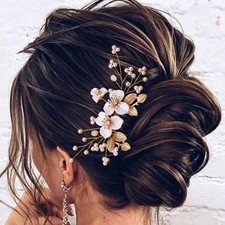 Gold Flower Bride Wedding Hair Piece Leaf Comb Pearl Accessories Women HC132