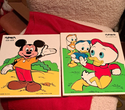 2 Wooden Tray Puzzles Playskool Mickey Mouse Hewey Duey and Louie Kids Learning