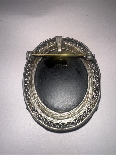 Viktorianische schwarze Kamee stehende Dame Vögel Trauer Brosche Anstecknadel Anhänger Vintage Gothic - Bild 3 von 4