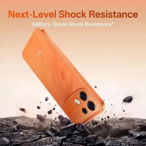 OPPO F35 Pro 5G in twilight brown with 128GB storage, 6GB RAM, and military-grade shock resistance text on screen.