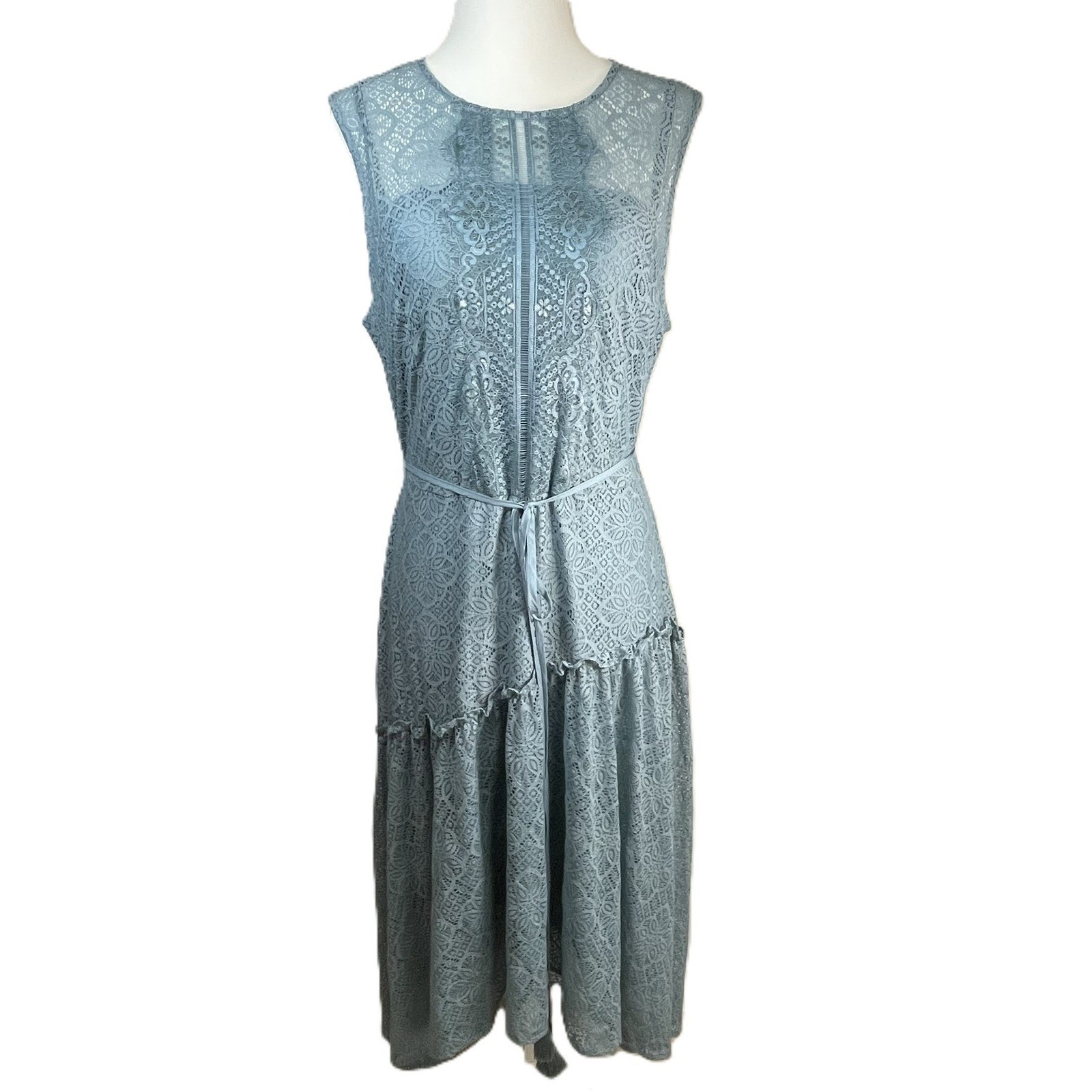 Sundance PM Blue Sleeveless Lace Dress High Low Lined Boho Asymmetrical Tie Belt