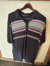 TravisMathew Men s XL Navy Striped Short Sleeve Polo Shirt Logo Button